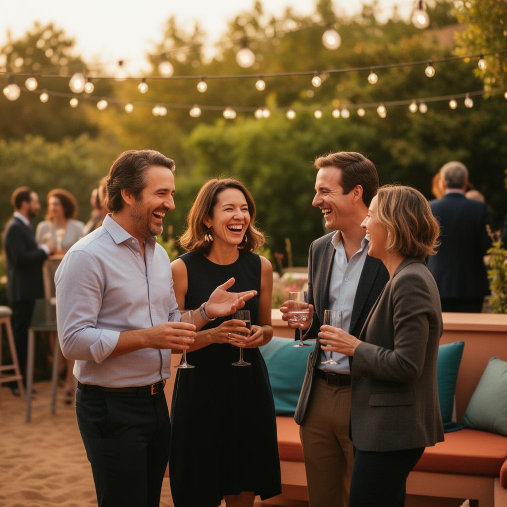 Professionals in relaxed conversation at an open-air evening gathering, string lights overhead at golden hour